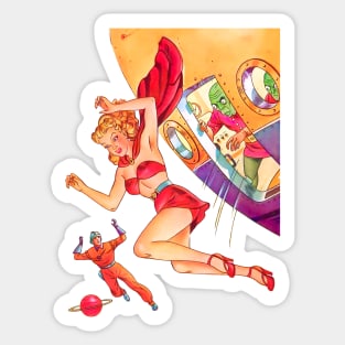 REVISTANGO #152 - Falling Pin-Up Girl beside Green Alien Spaceship with Space Hero Reaching Out in 1950s Pulp Sci-Fi Comic Scene of Peril and Cosmic Light Vintage Sticker